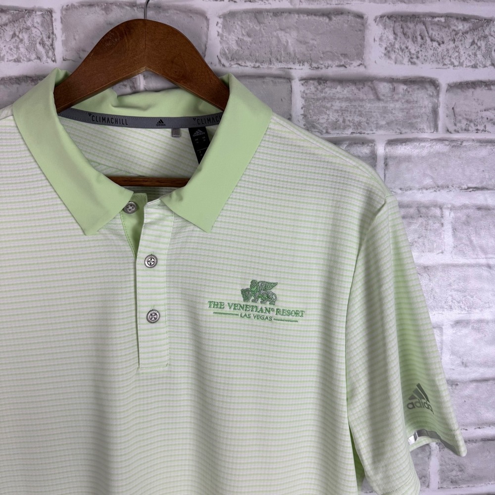 Adidas Climachill Polo Shirt Mens Medium Green Striped Venetian Resort Las Vegas - Picture 1 of 8